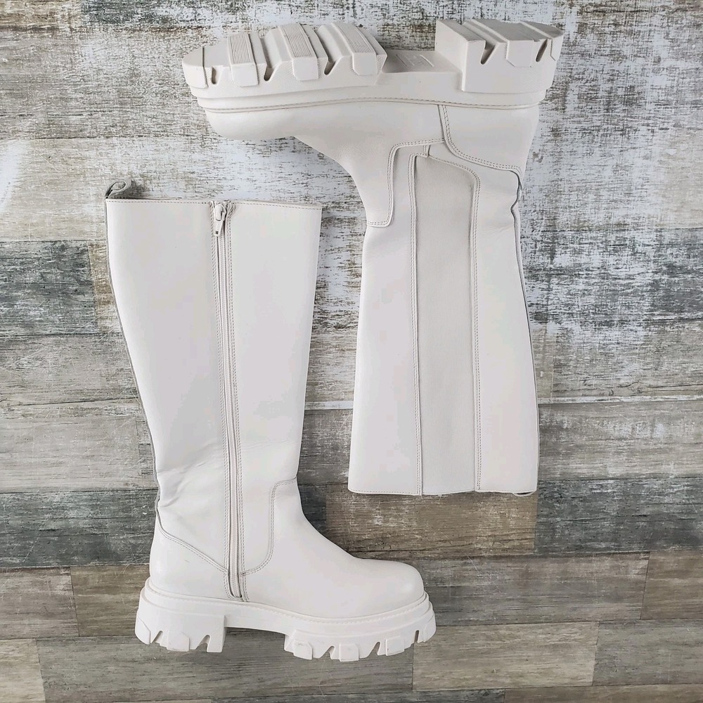 Steve Madden‎ Esma Womens Mid-Calf Boots Sz 9 M White Leather Platform Side Zip